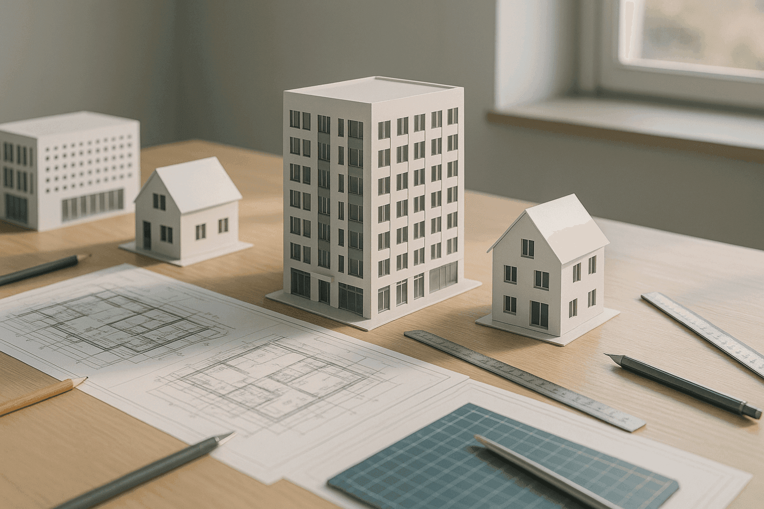 Architectural models and blueprints on a table